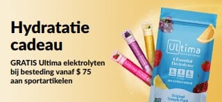 Banner met de promotie van gratis Ultima elektrolyten bij een besteding vanaf $75 aan sportartikelen.