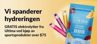 Banner som promoterer gratis Ultima-elektrolytter når du handler sportsprodukter for over $75