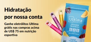 Banner promovendo eletrólitos Ultima grátis nas compras acima de US$ 75 em nutrição esportiva