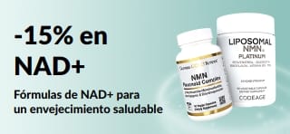 Banner que promociona un 15% de descuento en suplementos de NAD+