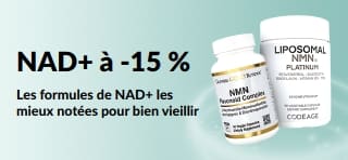 Bannière promotionnelle offrant 15 % de réduction sur les compléments au NAD+