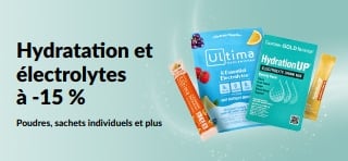 Bannière faisant la promotion d’une offre de 15 % de réduction sur les électrolytes et les produits d’hydratation.