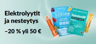Elektrolyyttejä ja nesteytystä mainostava banneri.