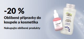 Banner propagující 20% slevu na vybrané produkty pro koupel, kosmetiku a osobní péči
