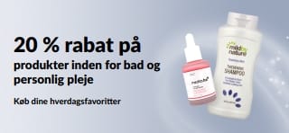 Banner, der reklamerer for 20 % rabat på udvalgte produkter inden for bad, skønhed og personlig pleje