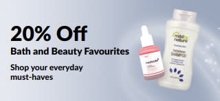 Banner promoting 20% Off select Bath, Beauty and Personal Care