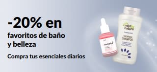 Banner promocional de un 20% de descuento en productos seleccionados de baño, belleza y cuidado personal