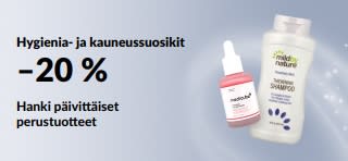 Banneri, joka tarjoaa –20 % valituista kylpy-, kauneus- ja hygieniatuotteista