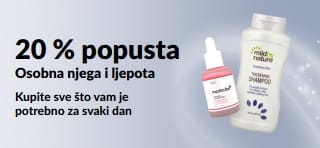 Reklamni natpis koji promovira 20 % popusta na odabrane proizvode za kupanje, ljepotu i osobnu njegu