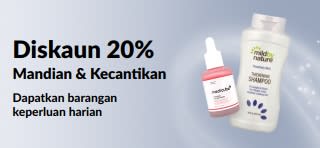 Sepanduk mempromosikan Diskaun 20% barangan terpilih Mandian, Kecantikan & Penjagaan Diri
