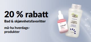 Banner som promoterer 20 % rabatt på utvalgt bad, skjønnhet og personlig pleie