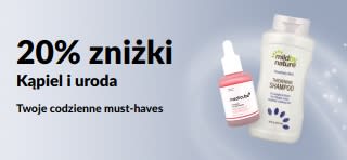Baner promujący 20% zniżki na wybrane produkty do kąpieli, urody i higieny osobistej