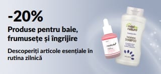 Banner ce promovează -20% la anumite produse pentru baie, frumusețe și îngrijire personală.