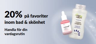 Banner som marknadsför 20% på utvalt inom bad, skönhet & personlig vård