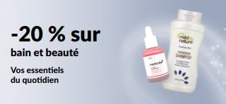 Bannière promotionnelle offrant -20 % sur une sélection de produits bain, beauté et soins personnels