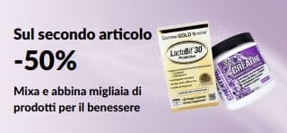 Banner che promuove uno sconto del 50% sul secondo articolo