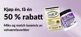 Banner som promoterer kjøp én, få én til 50 % rabatt
