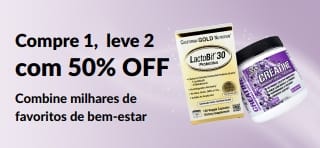 Banner promovendo a oferta “Compre 1, leve 2 com 50% OFF”