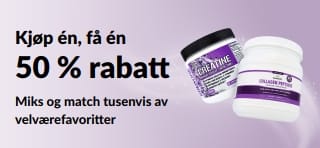 Banner som promoterer kjøp én, få én til 50 % rabatt