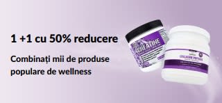Banner ce promovează 1 +1 cu 50% reducere.