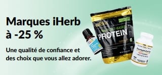 Bannière présentant une réduction de 25 % sur les marques iHerb