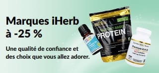 Bannière présentant une réduction de 25 % sur les marques iHerb