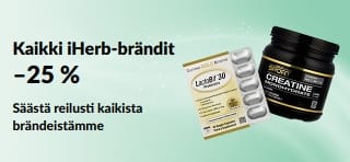 Banneri, joka tarjoaa 25 % alennusta kaikista iHerb-brändeistä
