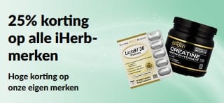 Banner met reclame voor 25% korting op alle iHerb-merken.