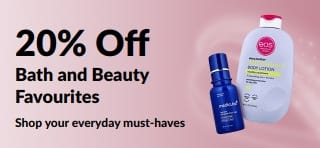 Banner promoting 20% Off select Bath, Beauty and Personal Care