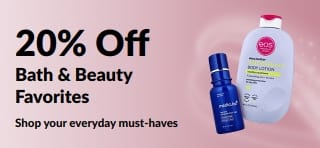 Banner promoting 20% Off select Bath, Beauty & Personal Care