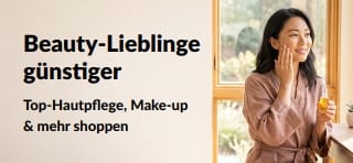 Banner, das tolle Angebote für beliebte Beauty-Produkte wie Hautpflege, Make-up und mehr bewirbt