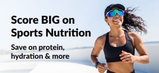 Banner promoting great deals on sports nutrition such as protein, hydration, and more