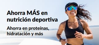 Banner que promociona grandes ofertas en nutrición deportiva: proteínas, hidratación y más