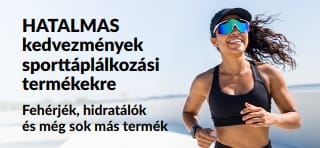 Sporttáplálkozási termékekre, többek között fehérjékre, hidratálókra és még sok más termékre kedvezményeket hirdető banner.