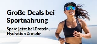 Banner, das tolle Angebote für Sporternährung wie Protein, Flüssigkeitszufuhr und mehr bewirbt