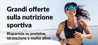 Banner che promuove grandi offerte sulla nutrizione sportiva, come proteine, idratazione e molto altro