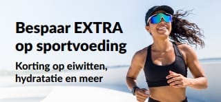 Banner met geweldige aanbiedingen voor sportvoeding zoals eiwitten, hydratatie en meer.
