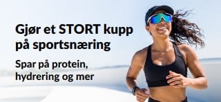Banner som promoterer gode tilbud på sportsnæring som protein, hydrering og mer