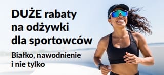 Baner promujący świetne okazje na odżywki dla sportowców, takie jak białko, nawodnienie i inne
