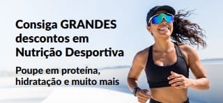 Banner a promover grandes ofertas em nutrição desportiva como proteínas, hidratação e muito mais