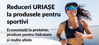 Banner cu super oferte la produse pentru sportivi, precum proteine, produse pentru hidratare și multe altele.