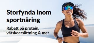 Banner som gör reklam för riktigt bra erbjudanden på sportnäring som protein, vätskeersättning med mera