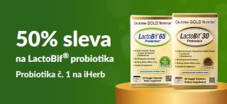 Banner propagující 50% slevu na LactoBif, probiotika č. 1 na iHerb