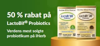 Banner, der reklamerer for 50 % rabat på LactoBif, det mest populære probiotikum på iHerb
