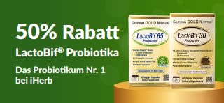 Banner, das für 50% Rabatt auf LactoBif wirbt, das beliebteste Probiotikum bei iHerb