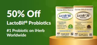 Banner promoting 50% off LactoBif, the #1 probiotic on iHerb