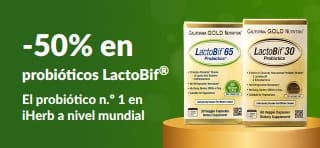 Banner que promociona 50% de descuento en LactoBif, el probiótico n.º 1 en iHerb