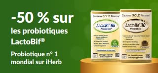Bannière promotionnelle offrant 50 % de réduction sur LactoBif, le probiotique n° 1 sur iHerb