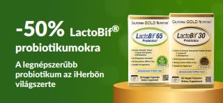 LactoBif termékekre, az iHerb legnépszerűbb probiotikumaira, 50% kedvezményt kínáló banner.