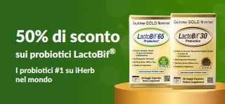 Banner che promuove il 50% di sconto su LactoBif, i probiotici #1 su iHerb